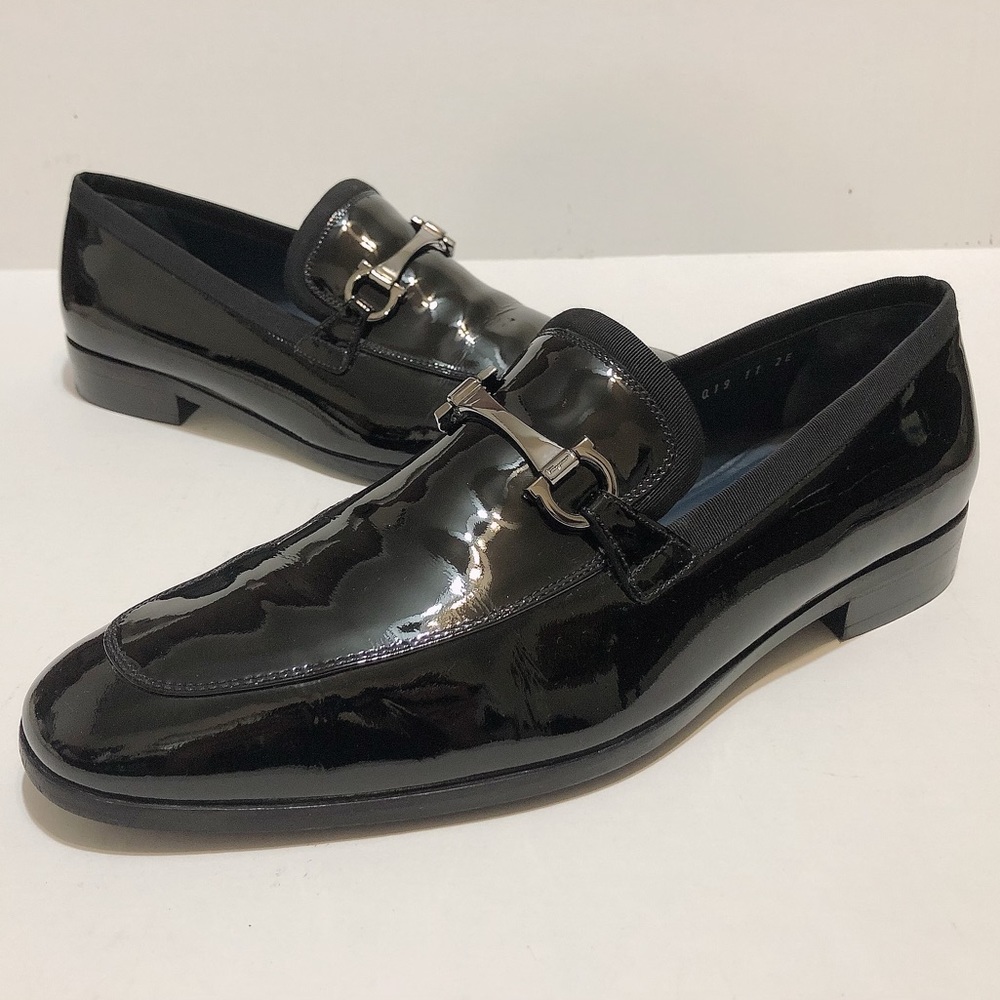 Salvatore Ferragamo Gancini Bit Black Patent Leather Loafers Size 11 EE